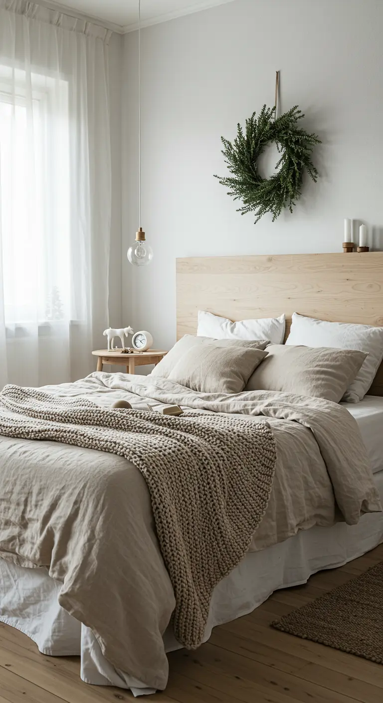 Scandinavian bedroom with a pine wreath above the bed and neutral linen bedding.