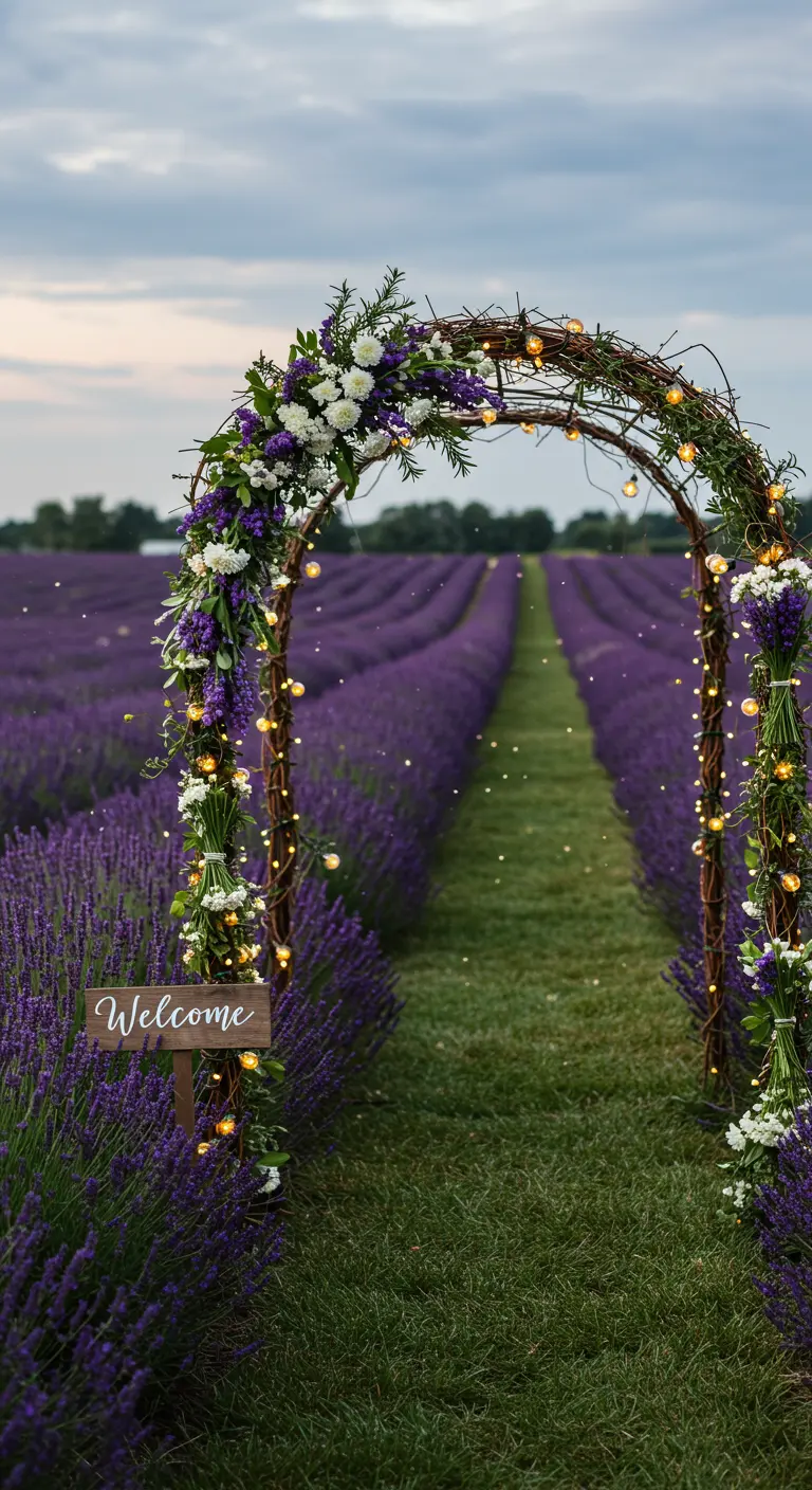 A grapevine wedding arch with fairy lights and flowers in a vast lavender field.
