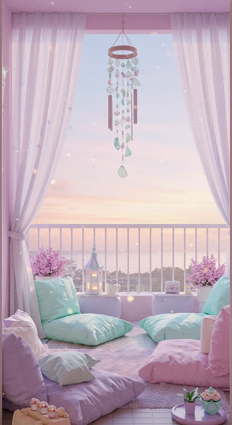 Pastel balcony with mint and lavender cushions and a sparkling sea glass wind chime.