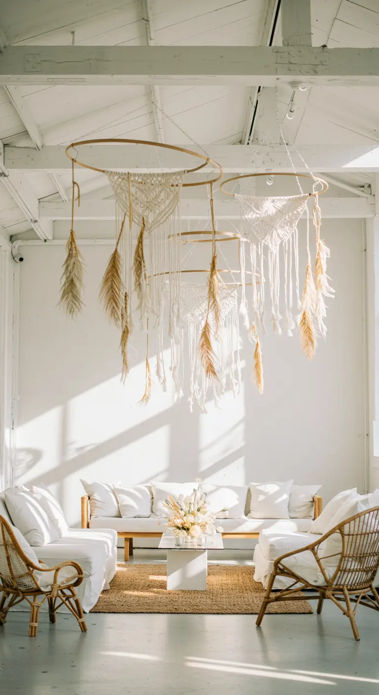 Ethereal white room with large macramé and feather mobiles hanging from the high ceiling.