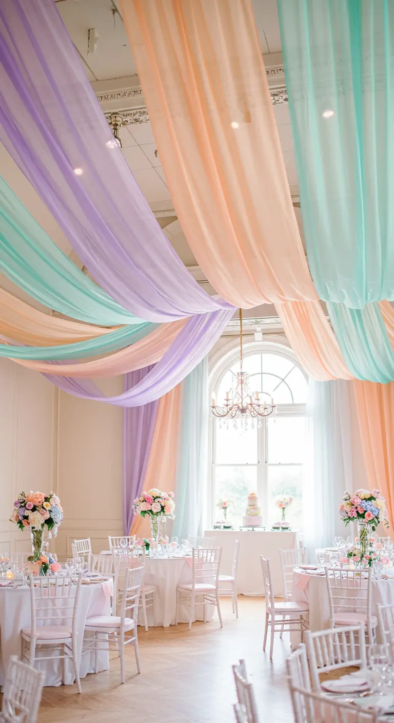 A high ceiling draped with flowing pastel purple, orange, and teal fabric.