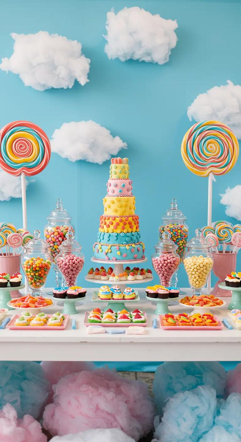 Candyland dessert table with a blue sky backdrop and fluffy cotton candy clouds.