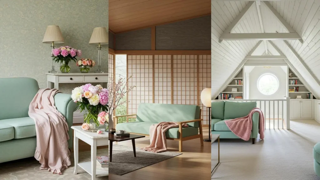 Three dreamy pastel living room scenes with mint green sofas and blush pink throw blankets, showcasing elegant decor ideas.
