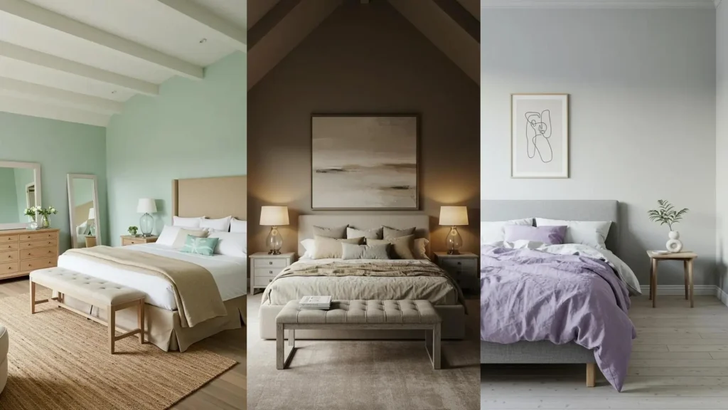 Three calming bedroom schemes featuring pastel & neutral colors, washed wood furniture, and soft linen layers.