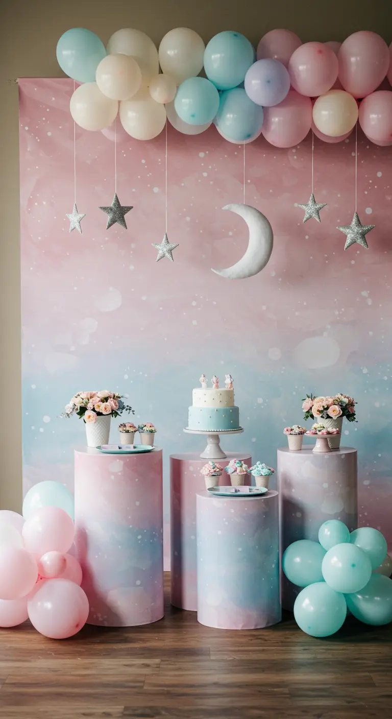 A pastel ombre backdrop with hanging celestial shapes above matching dessert pedestals.
