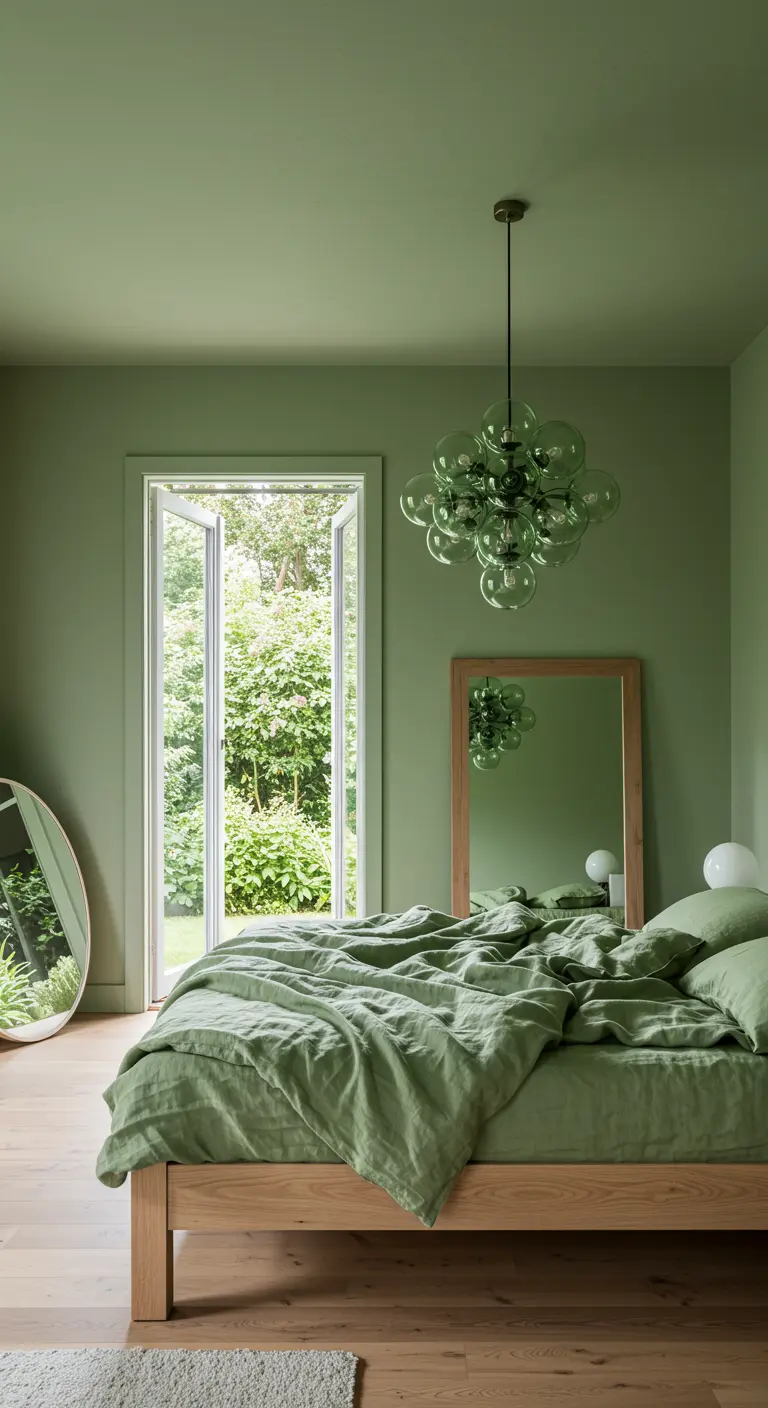 Sage green bedroom with matching walls, linen bedding, and a green glass bubble chandelier.