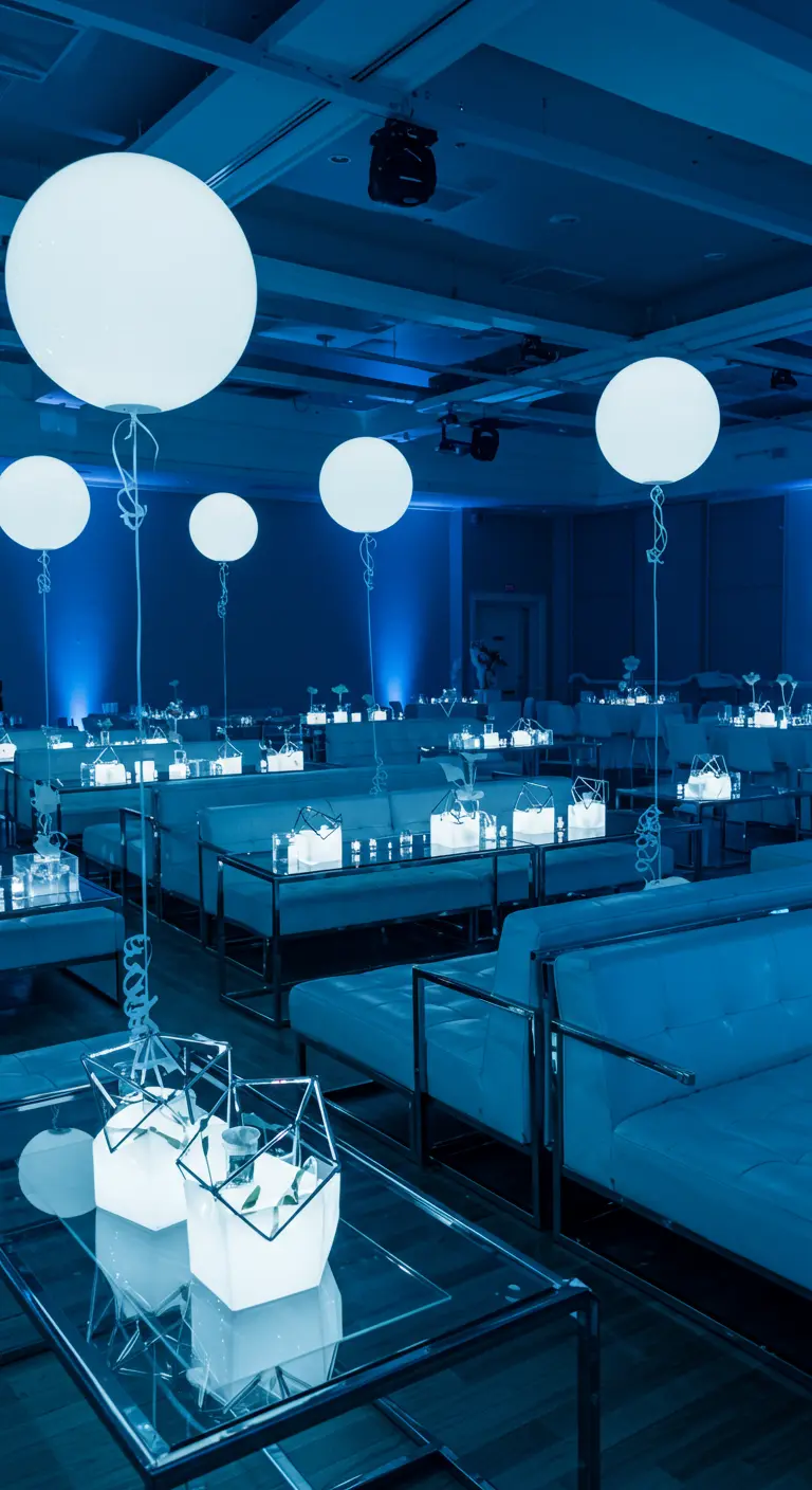An event space washed in blue light, with white balloons and furniture glowing blue.