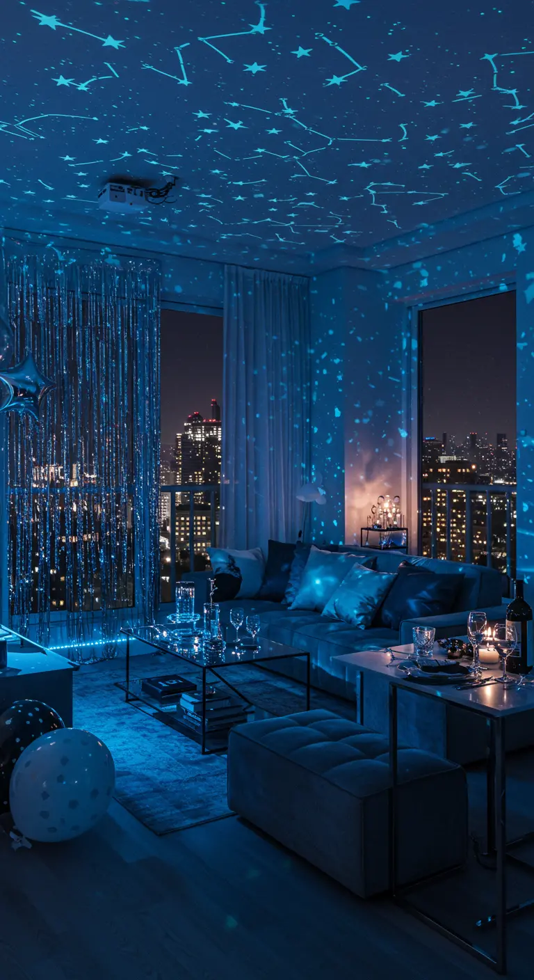 Living room ceiling covered in a projection of blue stars and constellations.