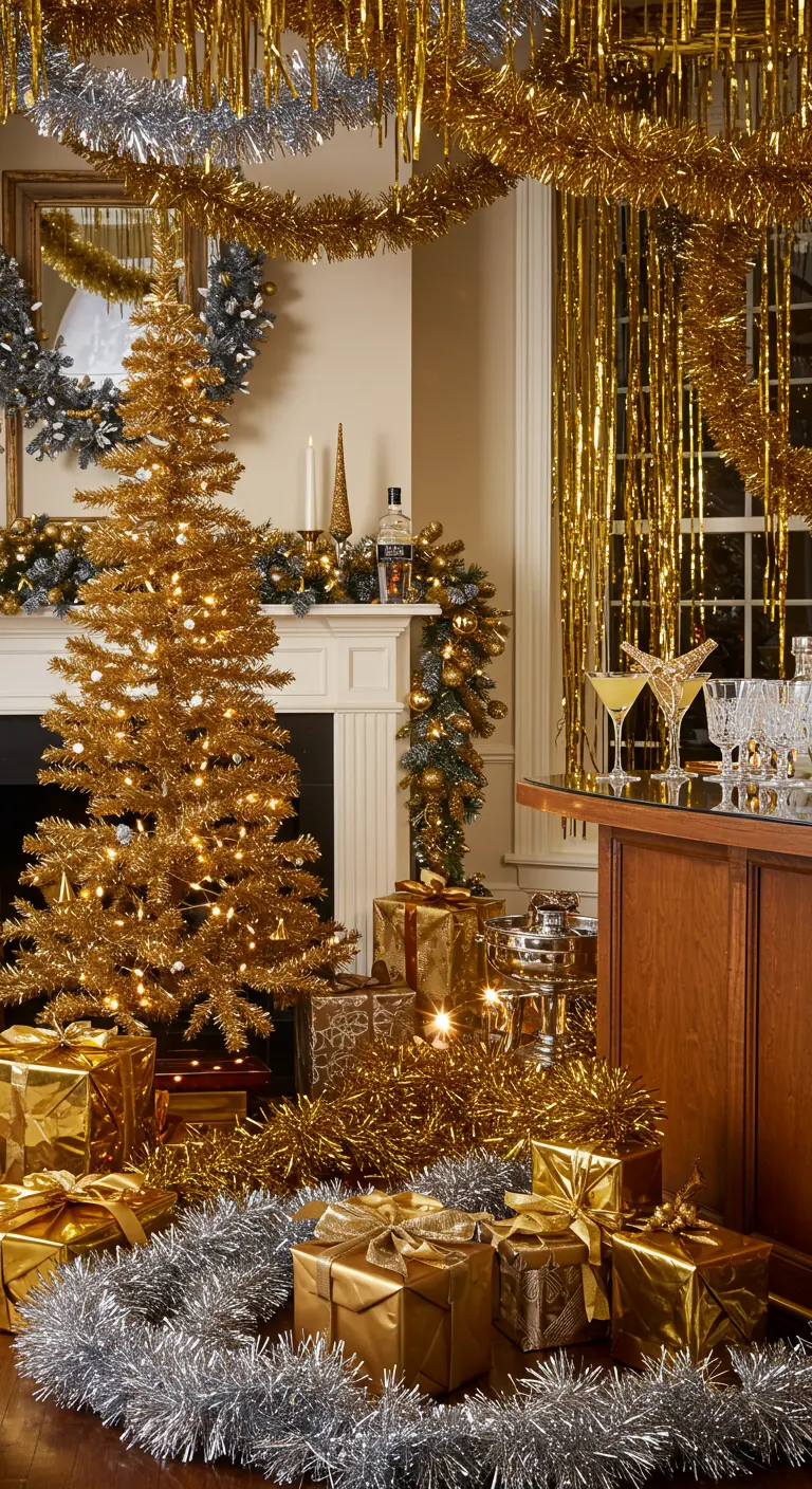 Glam party scene with a gold tinsel tree and draped gold and silver tinsel garlands.