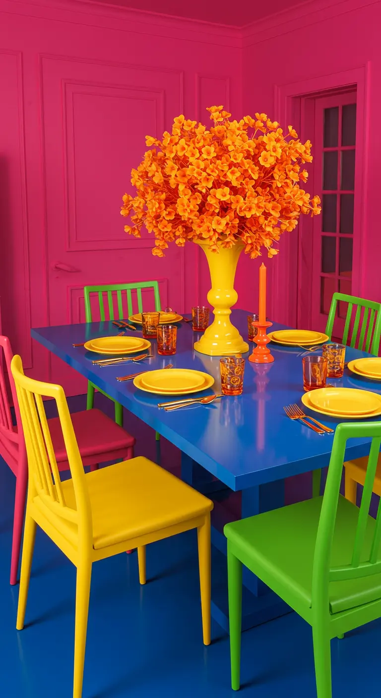 A dining room completely colorblocked in vibrant pink, blue, yellow, and green.