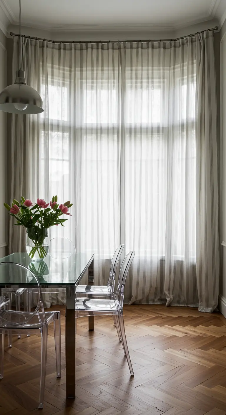 A dining area in a bay window dressed with sheer, vertically striped curtains.