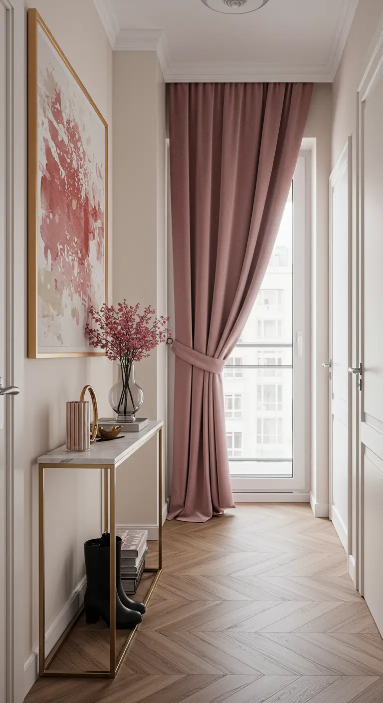 A pink curtain tied back over a door in a hallway with a console table.
