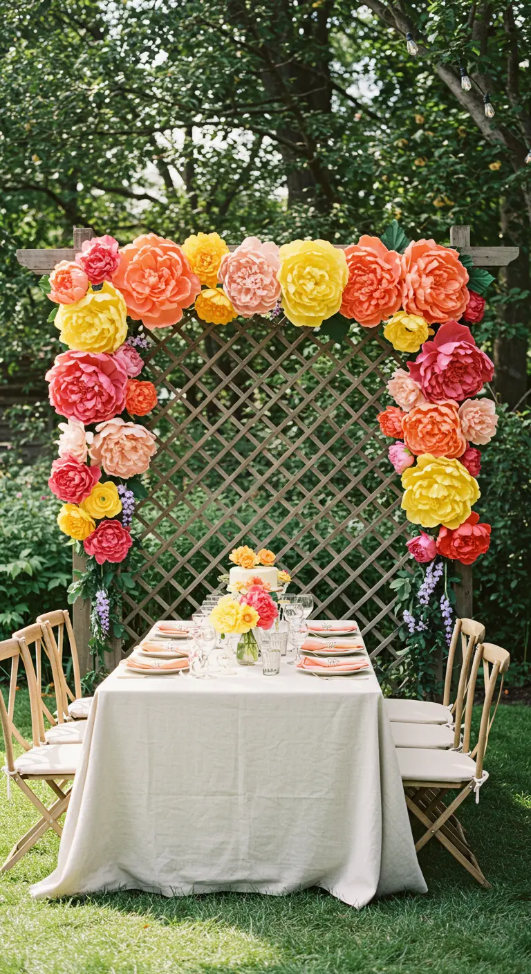 A garden trellis decorated with an arch of colorful paper peonies above a set dining table.