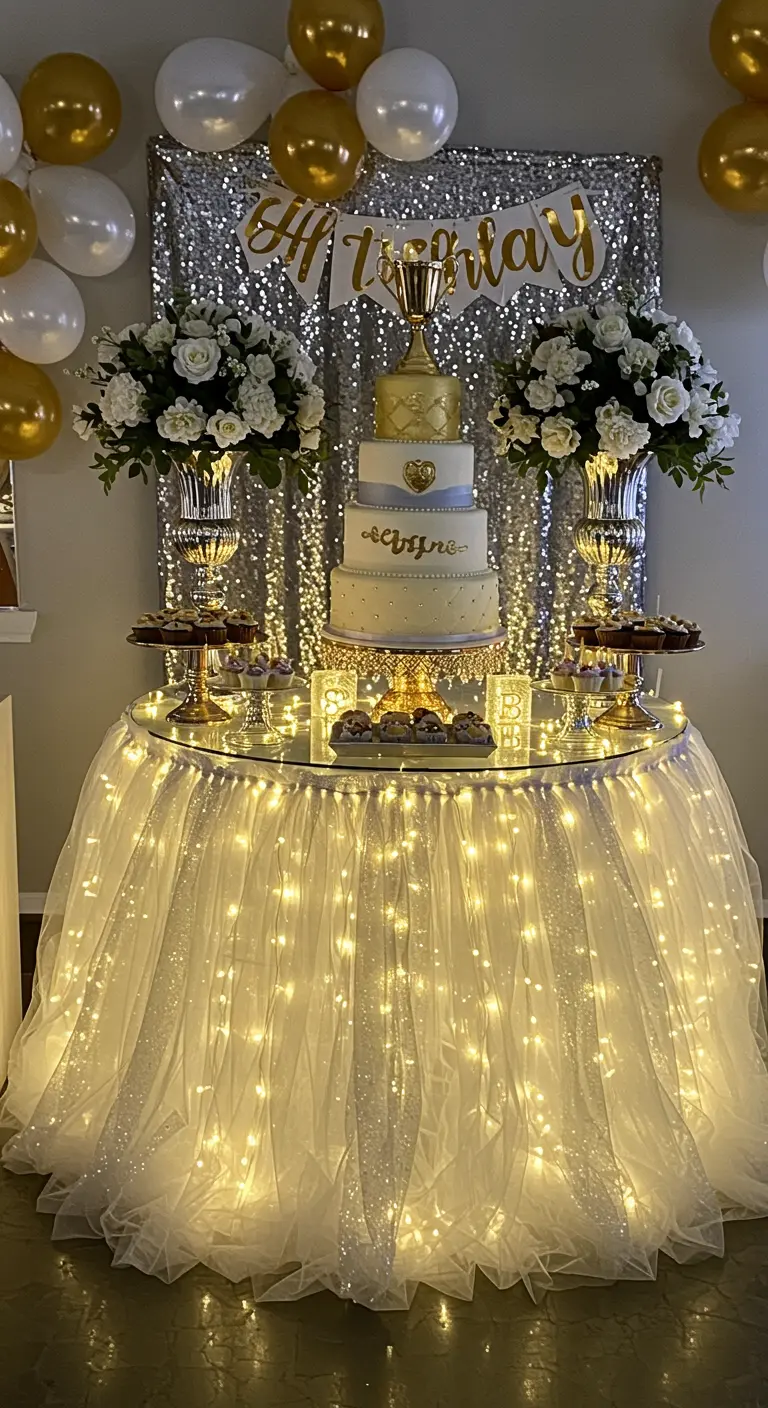 A round cake table decorated with a sparkly white tulle skirt illuminated by string lights.