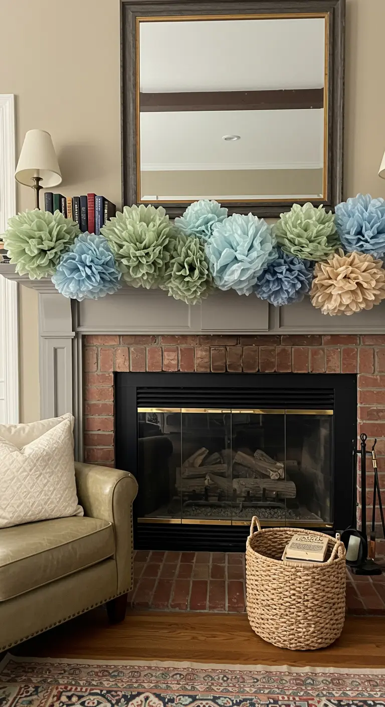 A fireplace mantel decorated with a row of muted green, blue, and tan pom-poms.