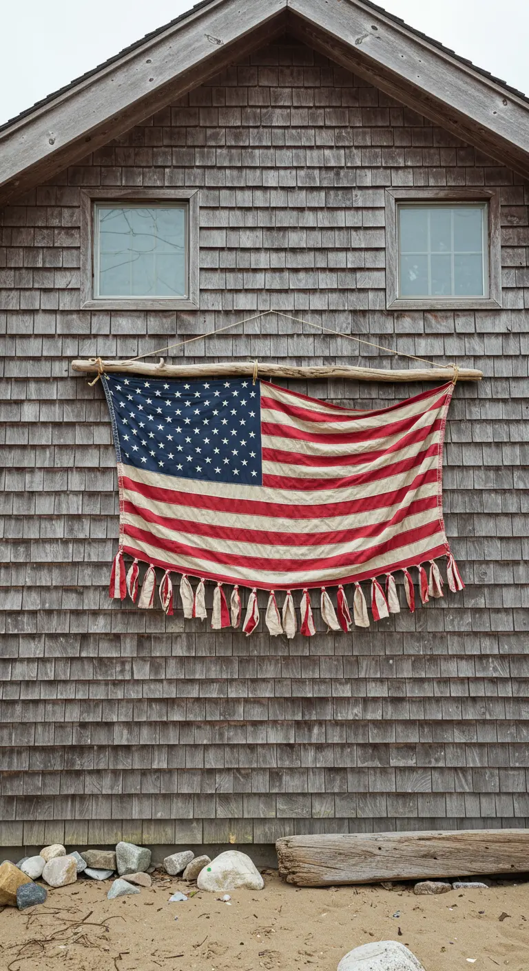 A fabric American flag hanging from a long driftwood pole against a weathered, shingled wall.