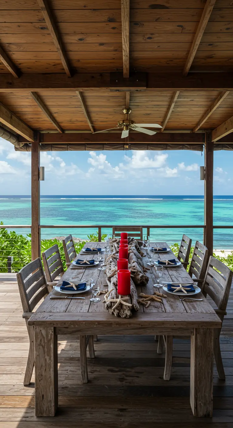 A long wooden dining table on a deck overlooking the ocean, with a driftwood and starfish centerpiece.