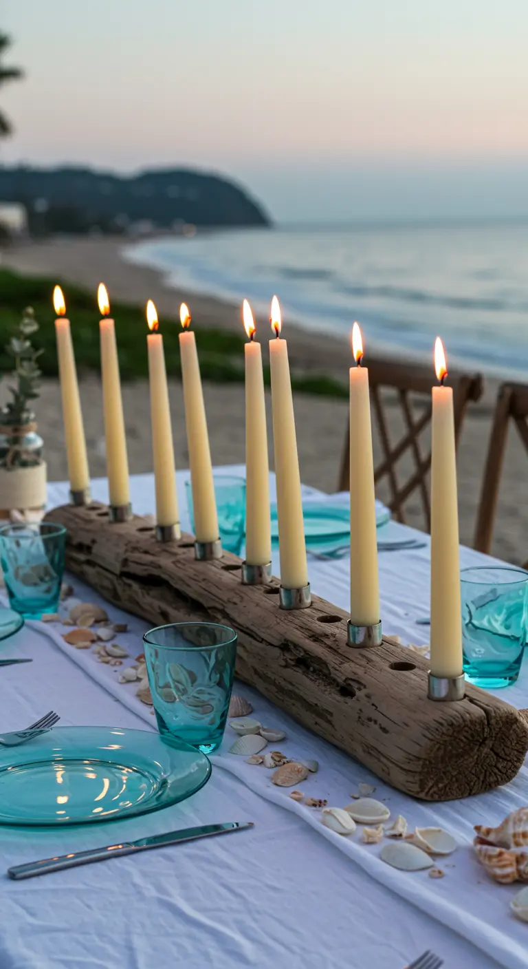A long piece of driftwood with holes drilled for eight taper candles, set on a beachside table.