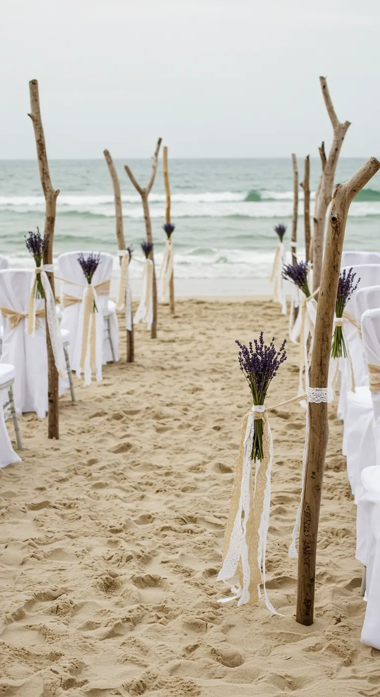 Beach aisle marked by driftwood posts with lavender and lace.