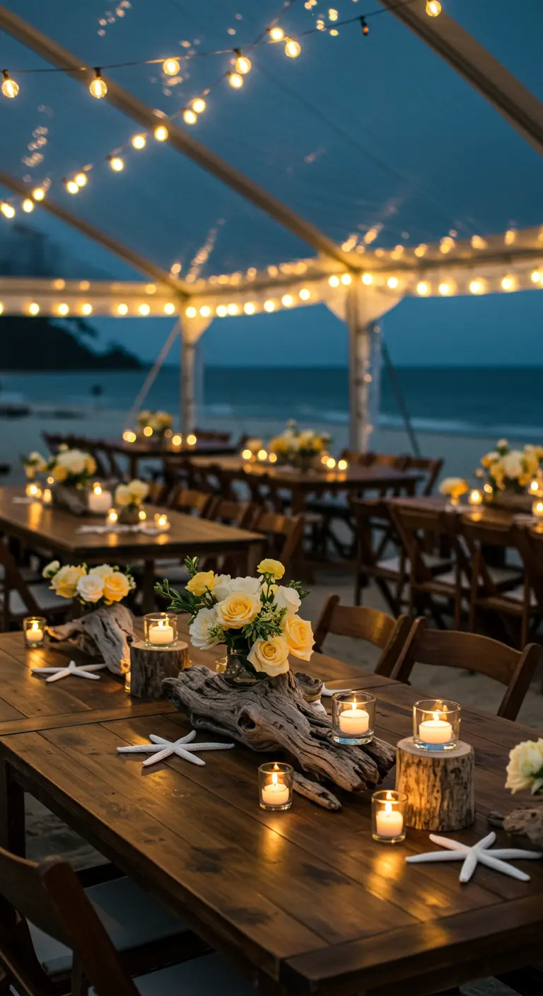Driftwood centerpiece with candles and yellow roses on a wooden table at night.