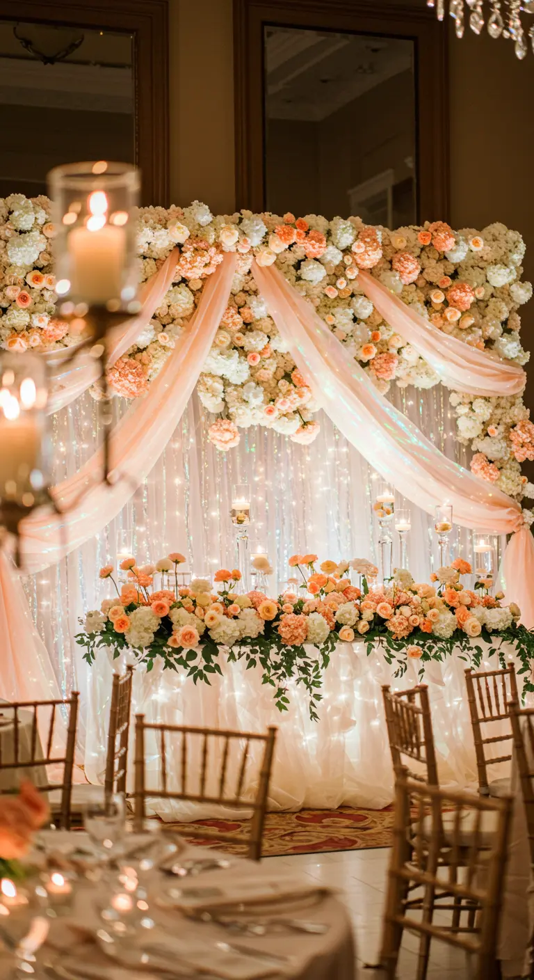 Head table with a backdrop of cascading twinkle lights, tulle, and peach flowers.