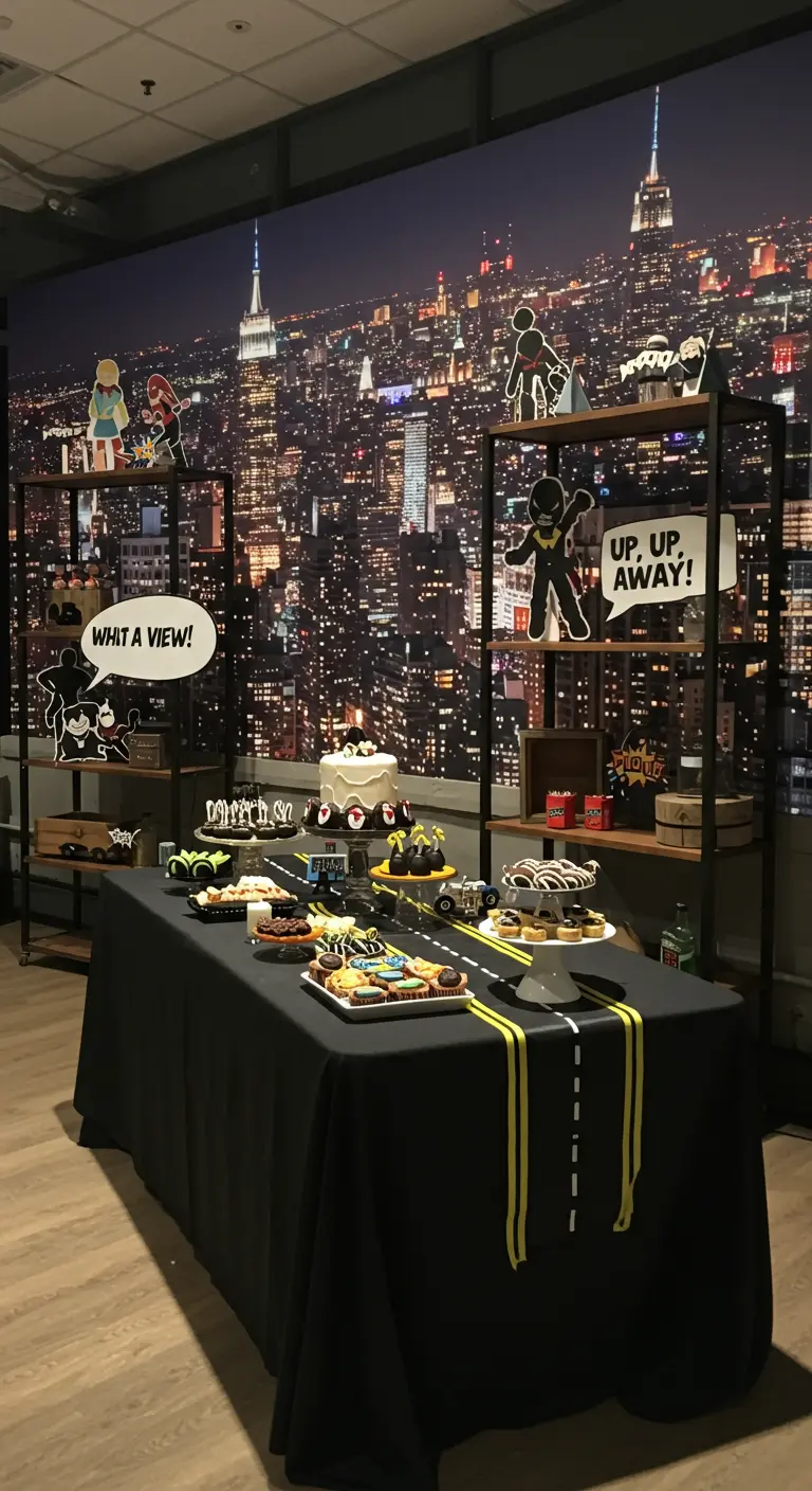 A superhero dessert table with a road runner and city backdrop.