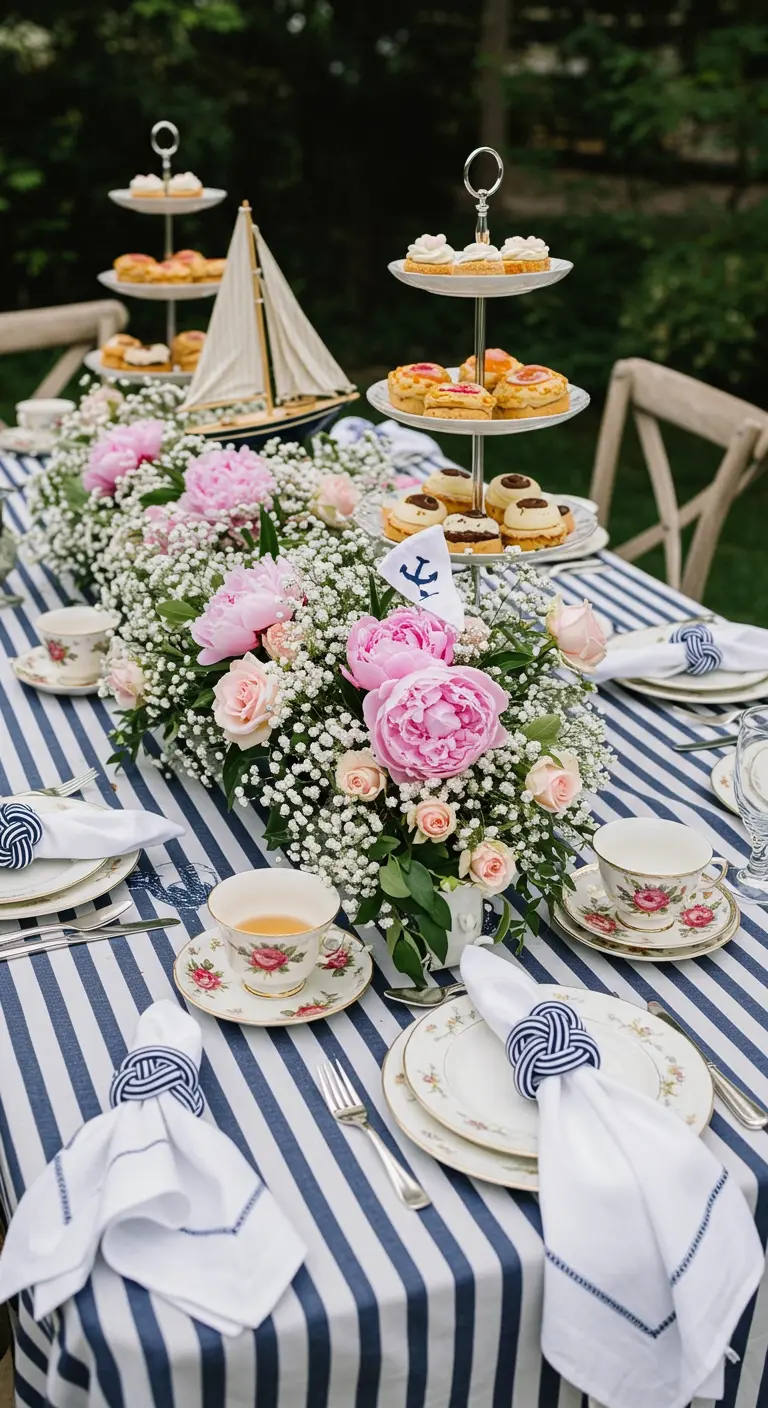 Nautical garden party table with pink peonies, floral teacups, and rope knot napkin rings.