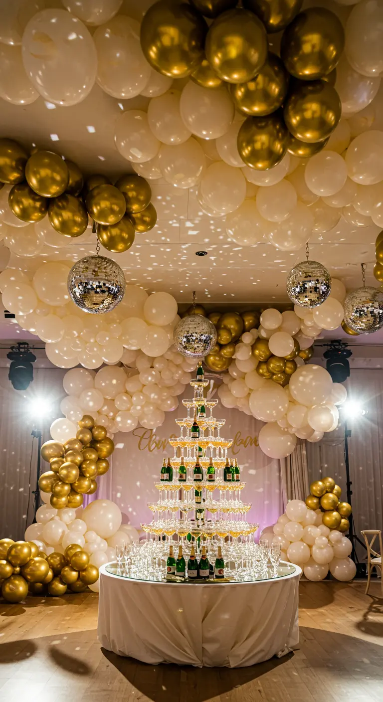 A room with a ceiling covered in white and gold balloons, with a champagne tower in the center.