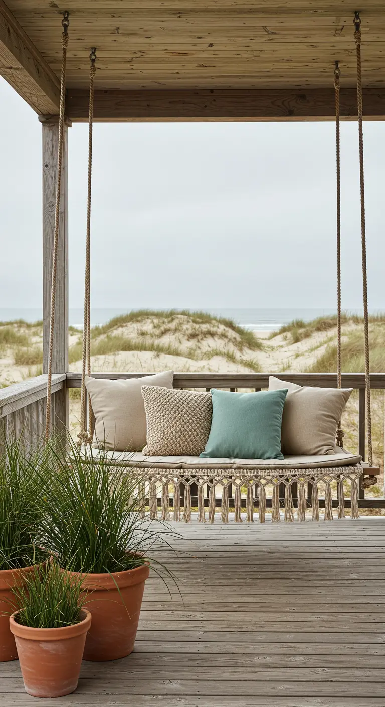 Fringed swing on a beach house porch with neutral pillows overlooking sand dunes.