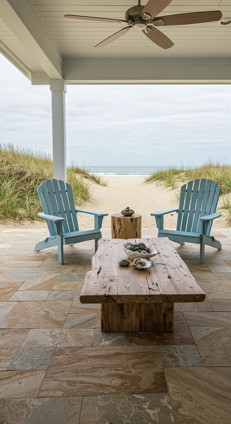 Two light blue Adirondack chairs and a live-edge table on a stone patio overlooking sand dunes.