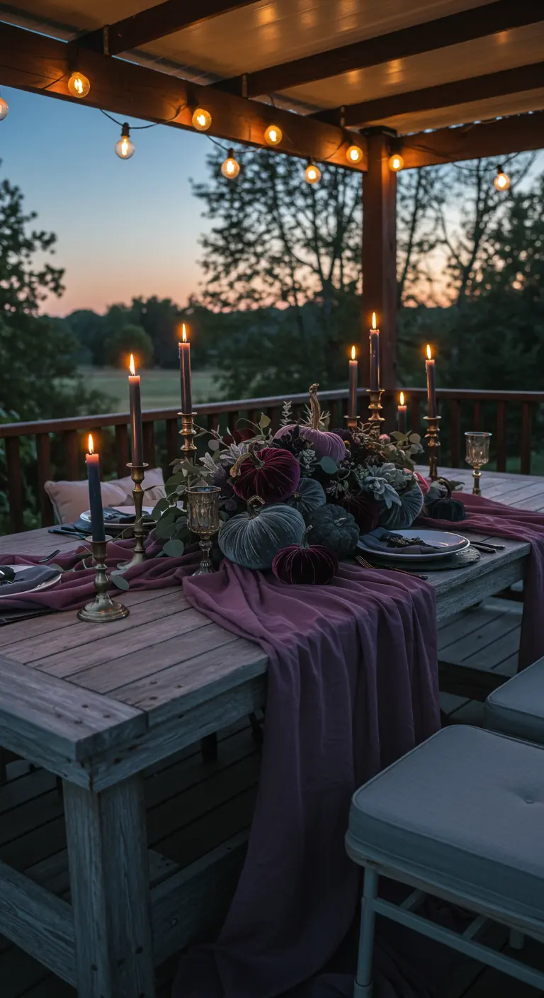 An outdoor twilight dinner setting with mauve textiles and dusky-colored velvet pumpkins.
