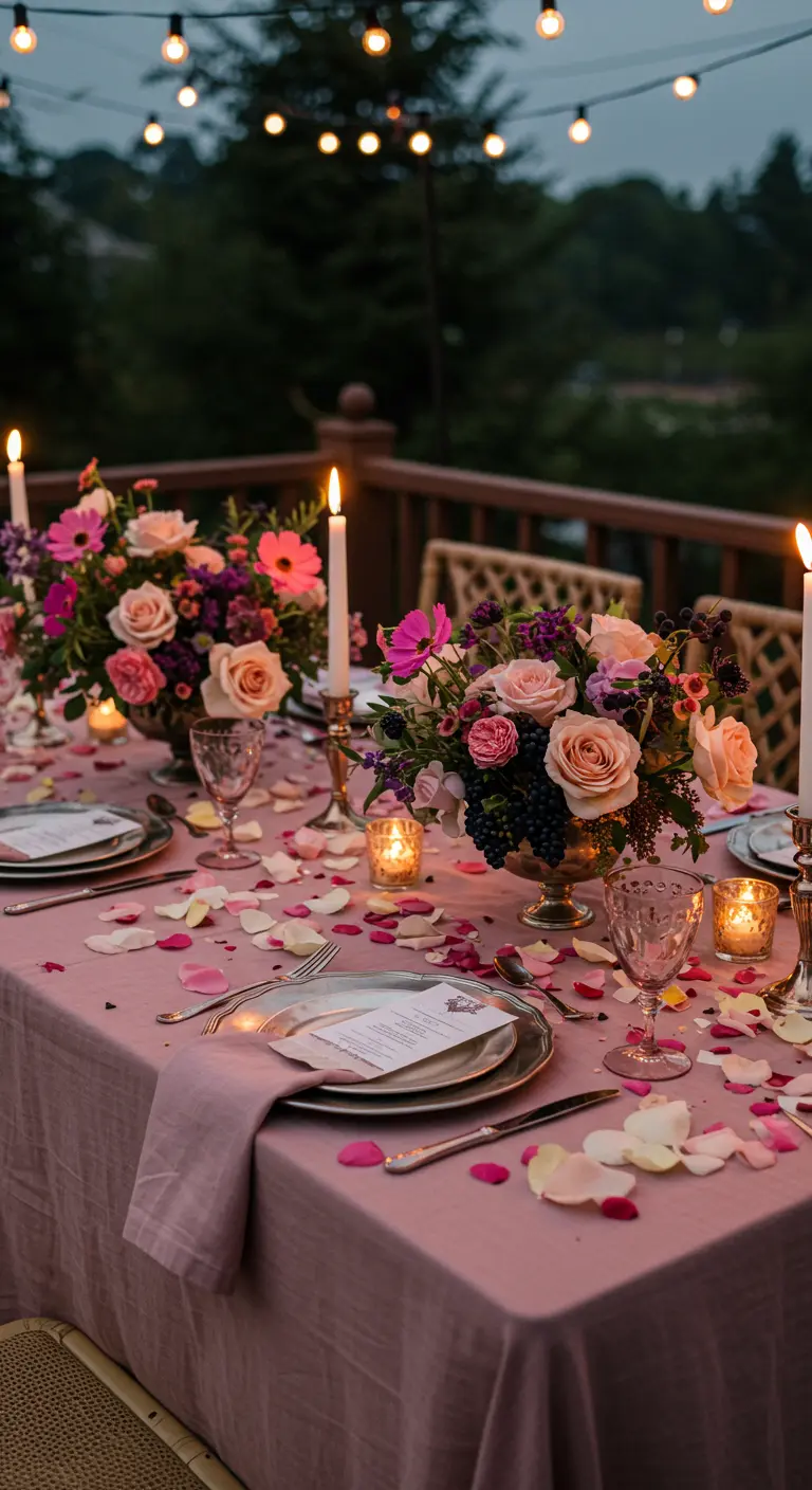 Romantic outdoor table with dusty rose linens, candles, and rose petals.