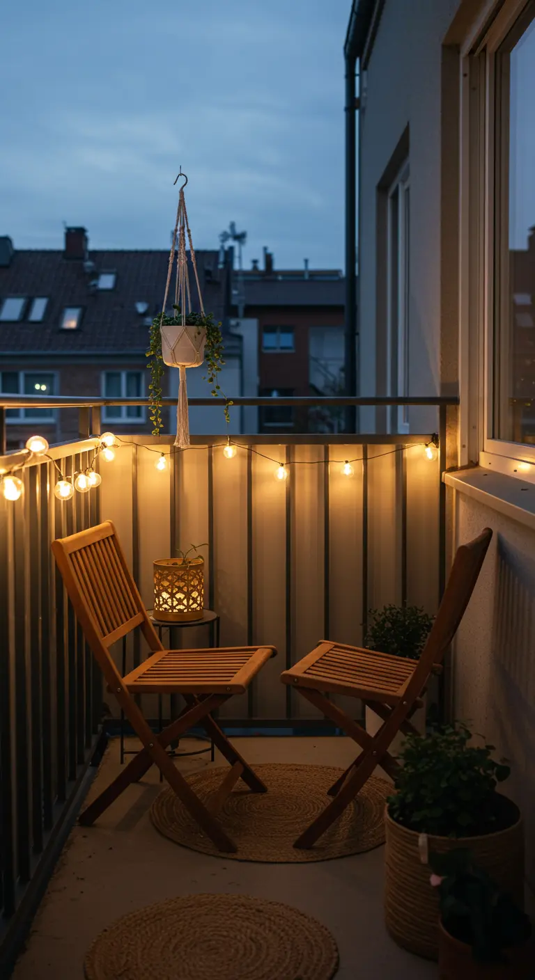 A small balcony at night, lit by a string of warm globe lights.