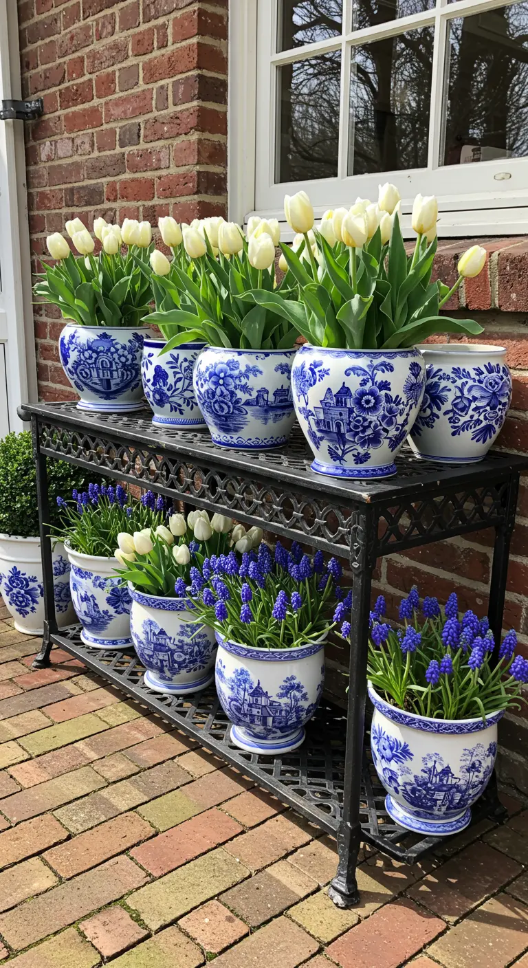 Blue and white Delft-style planters filled with white tulips and blue hyacinths.