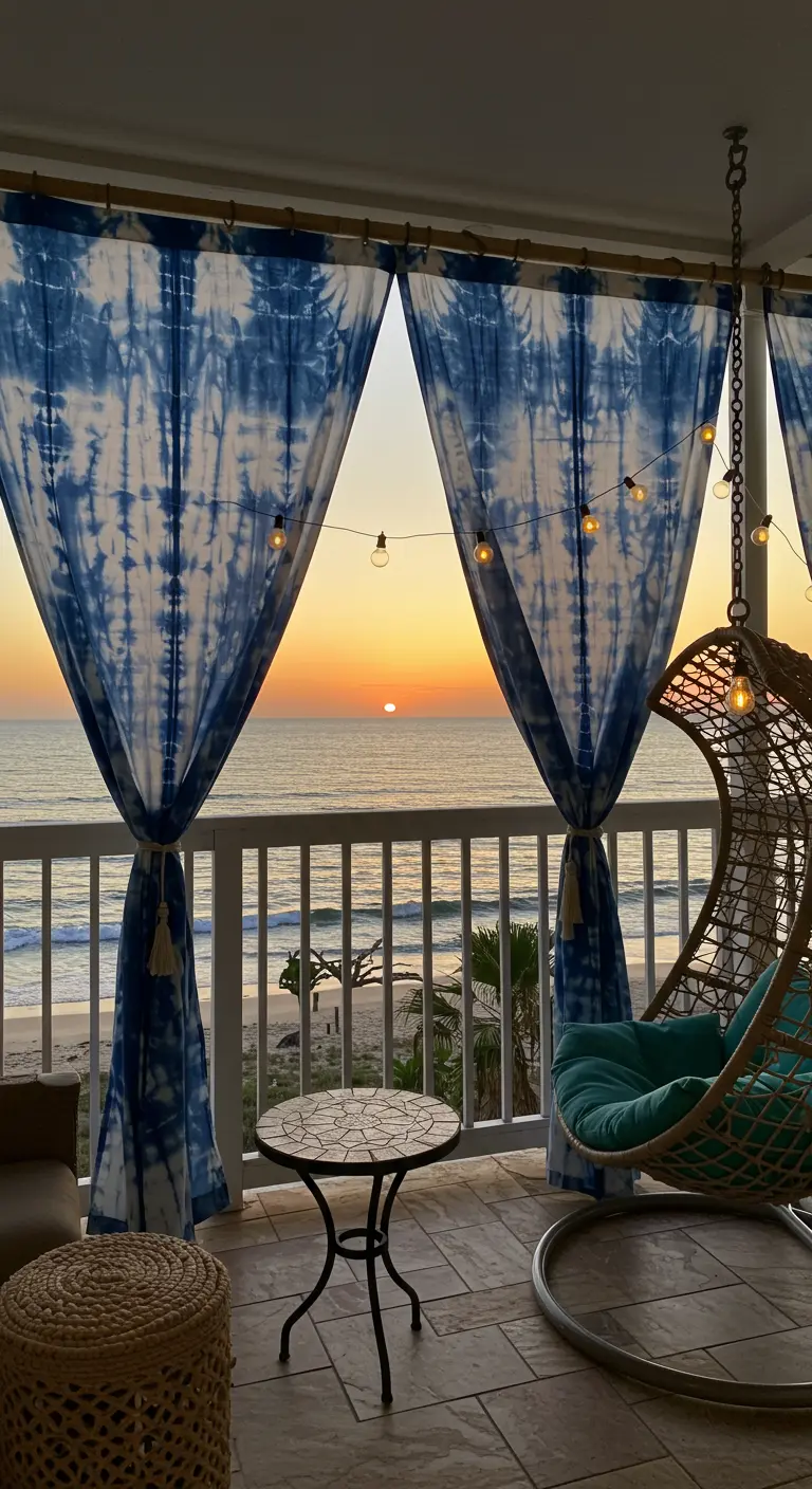A beach-front balcony with blue and white tie-dye curtains framing the sunset over the ocean.