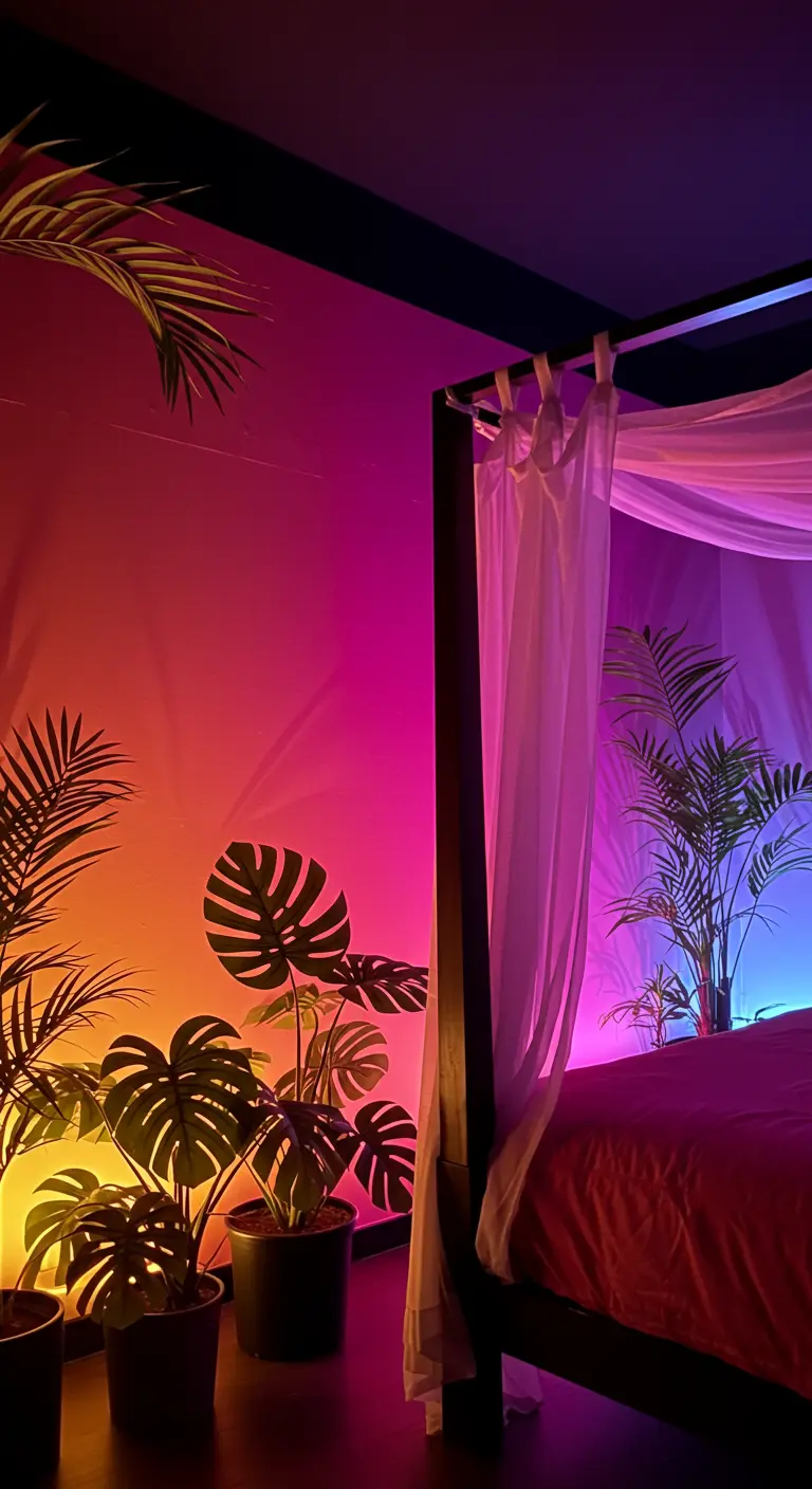 A four-poster bed surrounded by plants, with walls lit by a pink-and-orange LED gradient.