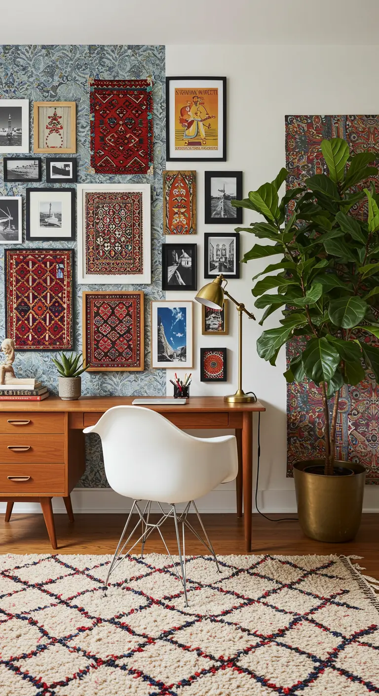 Home office with a divided wall featuring wallpaper and a gallery wall, alongside a wooden desk and white chair.
