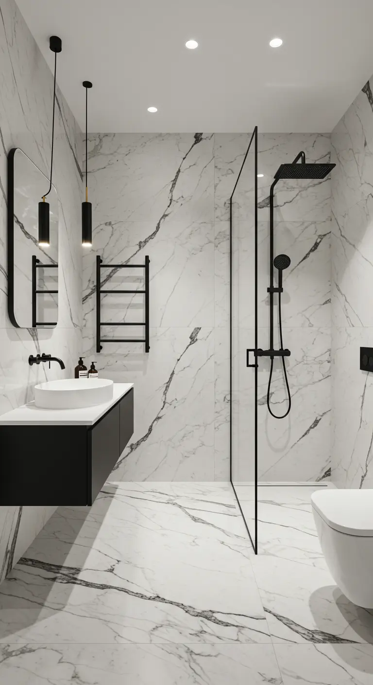 Marble bathroom with black fixtures, floating vanity, and a glass shower panel.