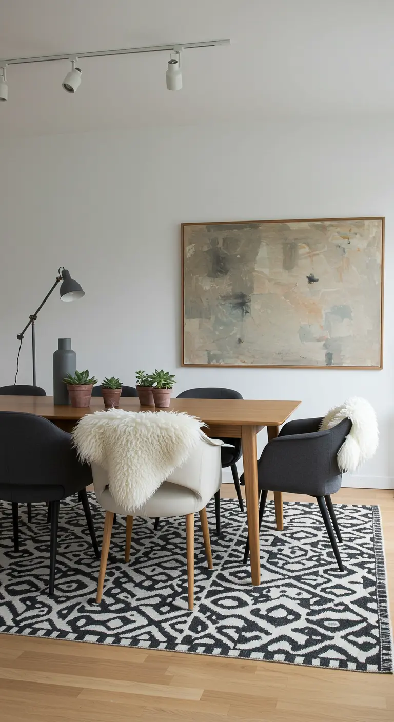 Oak dining table with mixed chairs, including one with a white sheepskin throw, on a bold black and white geometric rug.