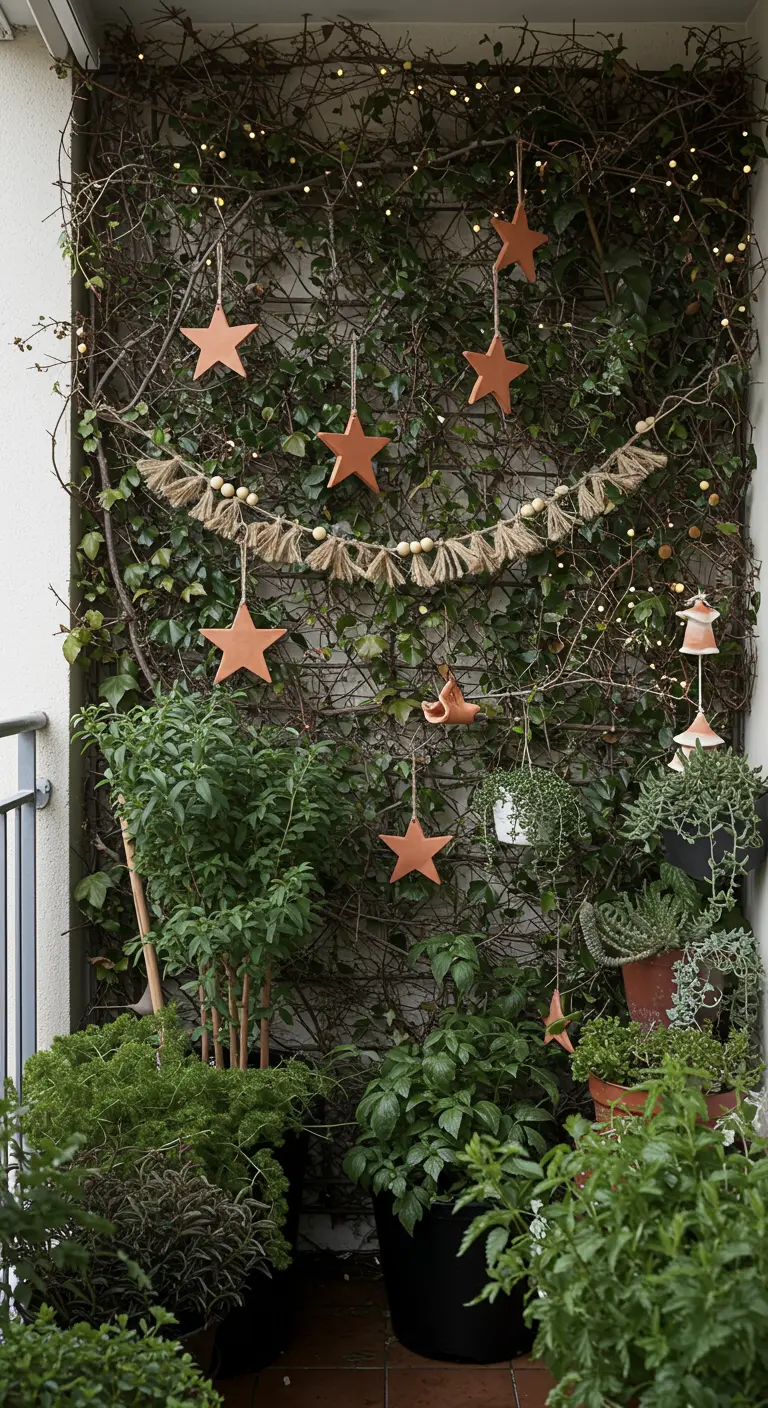 Terracotta stars and a beaded garland hang on a wall covered in green ivy.