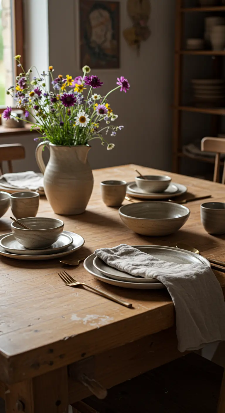 A rustic wooden table set with earthenware pottery and a pitcher of wildflowers.