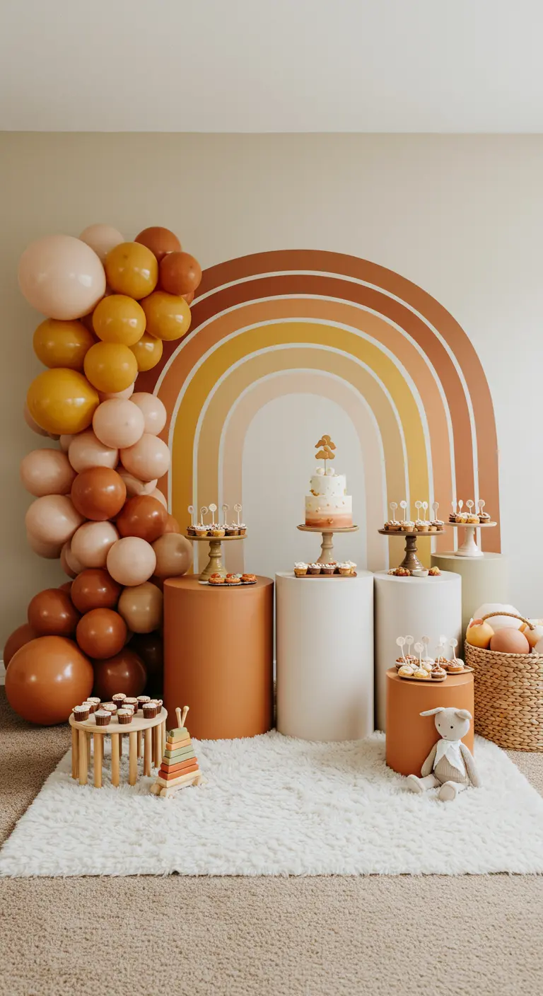 A large backdrop with a hand-painted rainbow in earthy tones, beside a balloon garland.