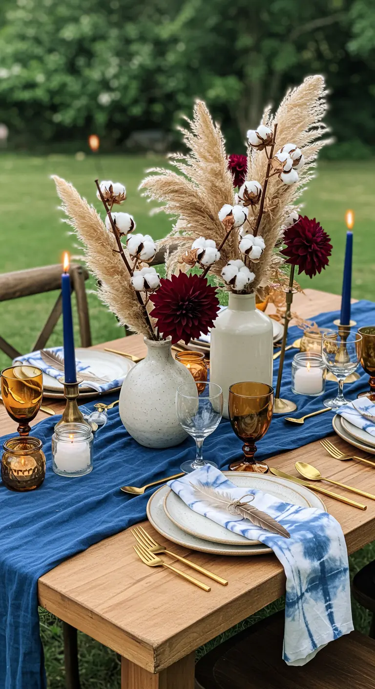 A boho tablescape with tie-dye napkins, pampas grass centerpiece, and gold flatware.