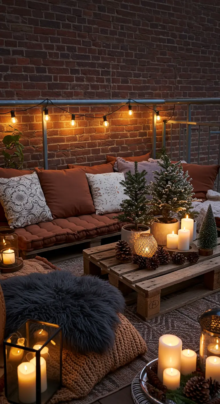 A balcony with a low pallet sofa, rust-colored cushions, and layered rugs against a brick wall.