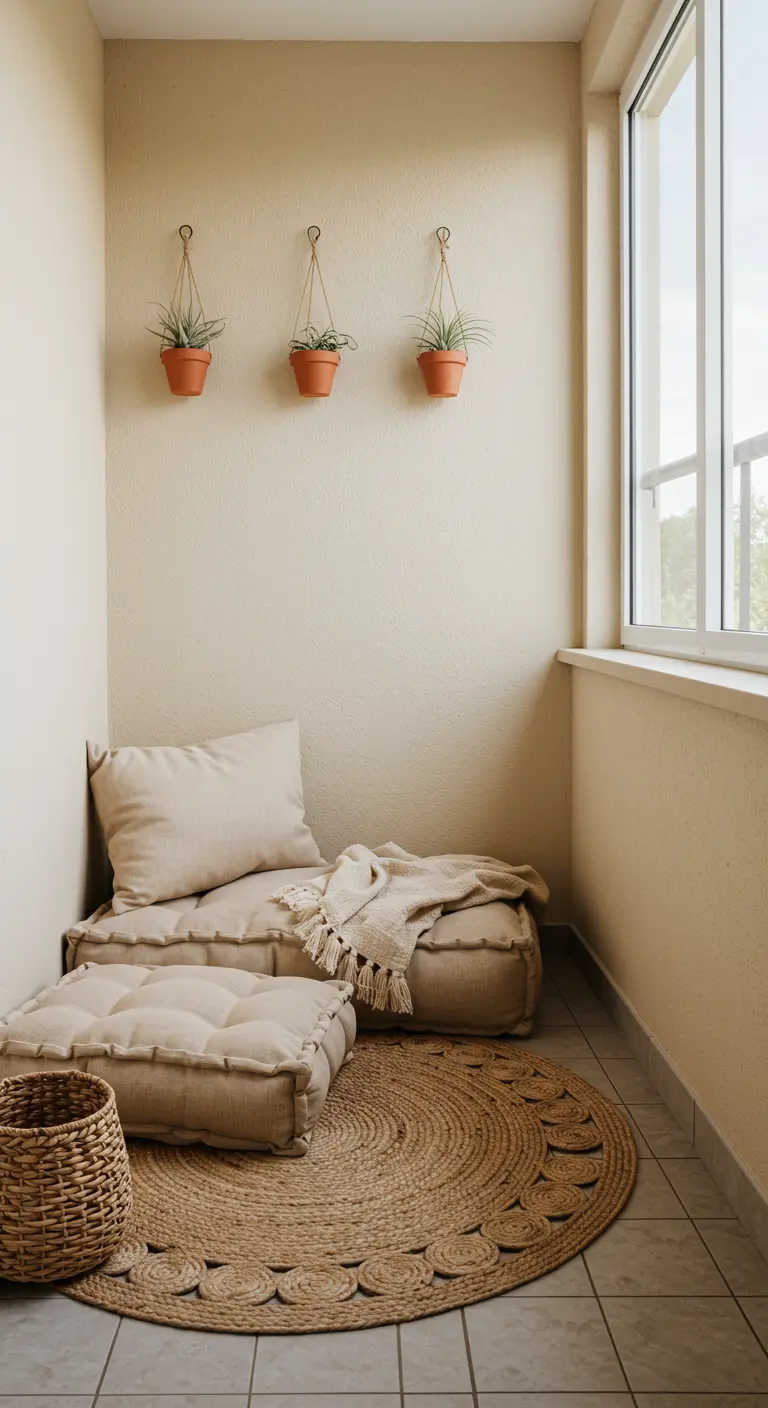 A minimal balcony corner with beige floor cushions, a jute rug, and a woven basket.
