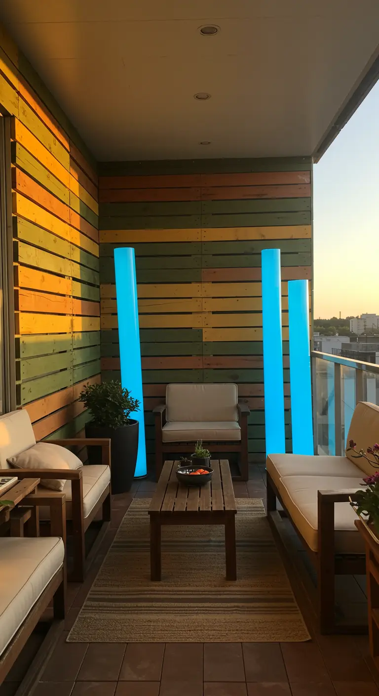 A balcony with a multi-toned wood wall and tall, glowing blue floor lamps at dusk.