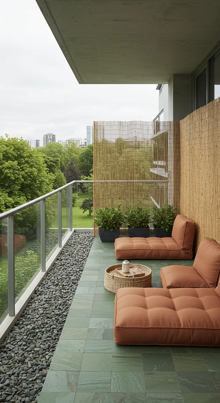 Balcony with green slate floor, terracotta cushions, and a border of river rocks.