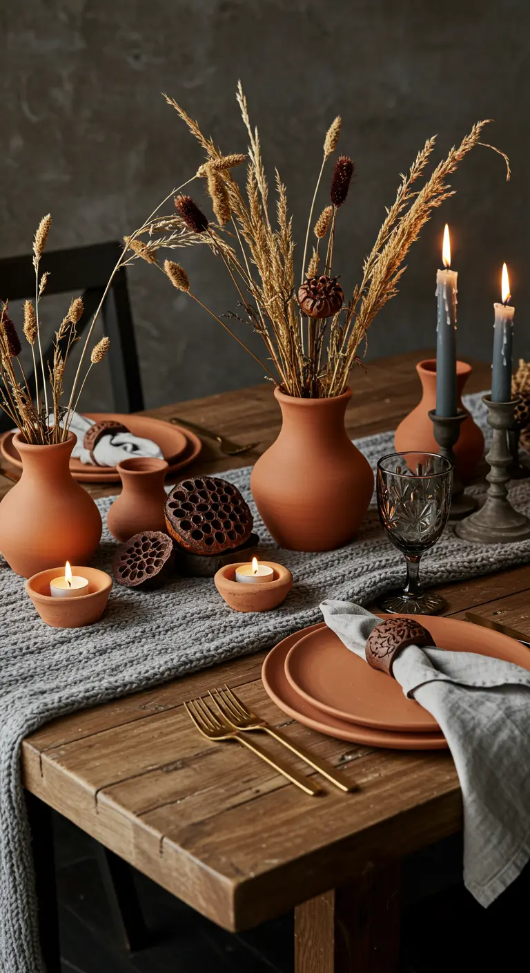 Rustic table with a grey knit runner, terracotta plates, and dried botanicals.