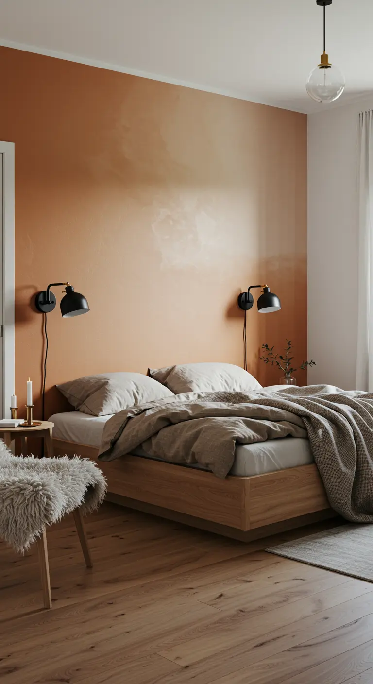 A bedroom with a textured terracotta gradient wall, a low oak bed, and modern black sconces.