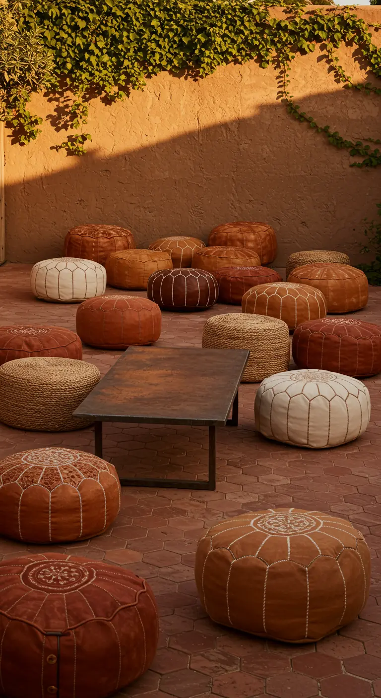 A mix of leather and woven poufs in earthy tones on a terracotta tile patio.